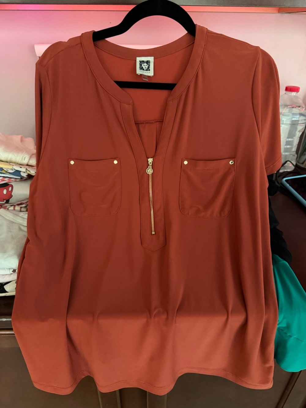Anne Klein Rust Short-Sleeve Zip Pocket Blouse